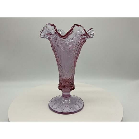 FENTON Vtg  Daffidil Floral Vase w/ Ruffled Edge & Footed Rose Pink Unique Color - Picture 10 of 16